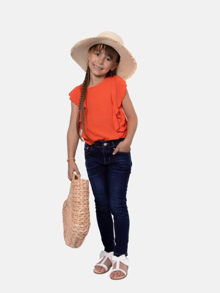 Junior Girl Aurelie Collection Summer Ruffled Top with short sleeves - Orange