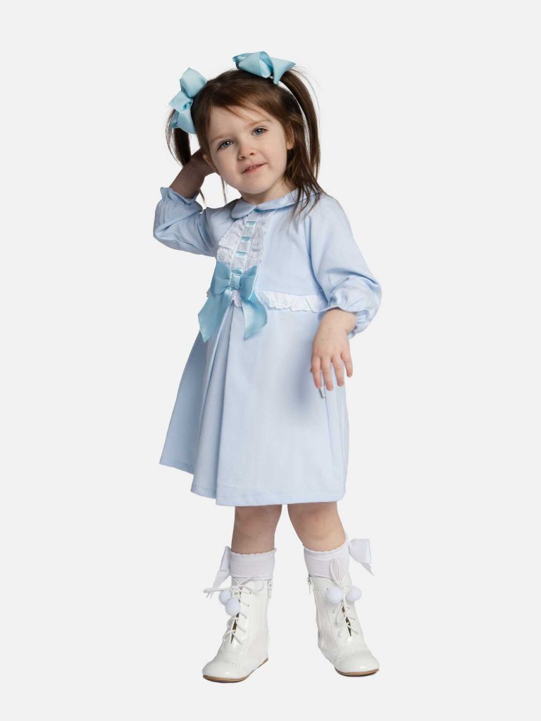 Baby Girl Julieta Classic Dress With Bow Long Sleeves - Baby Blue