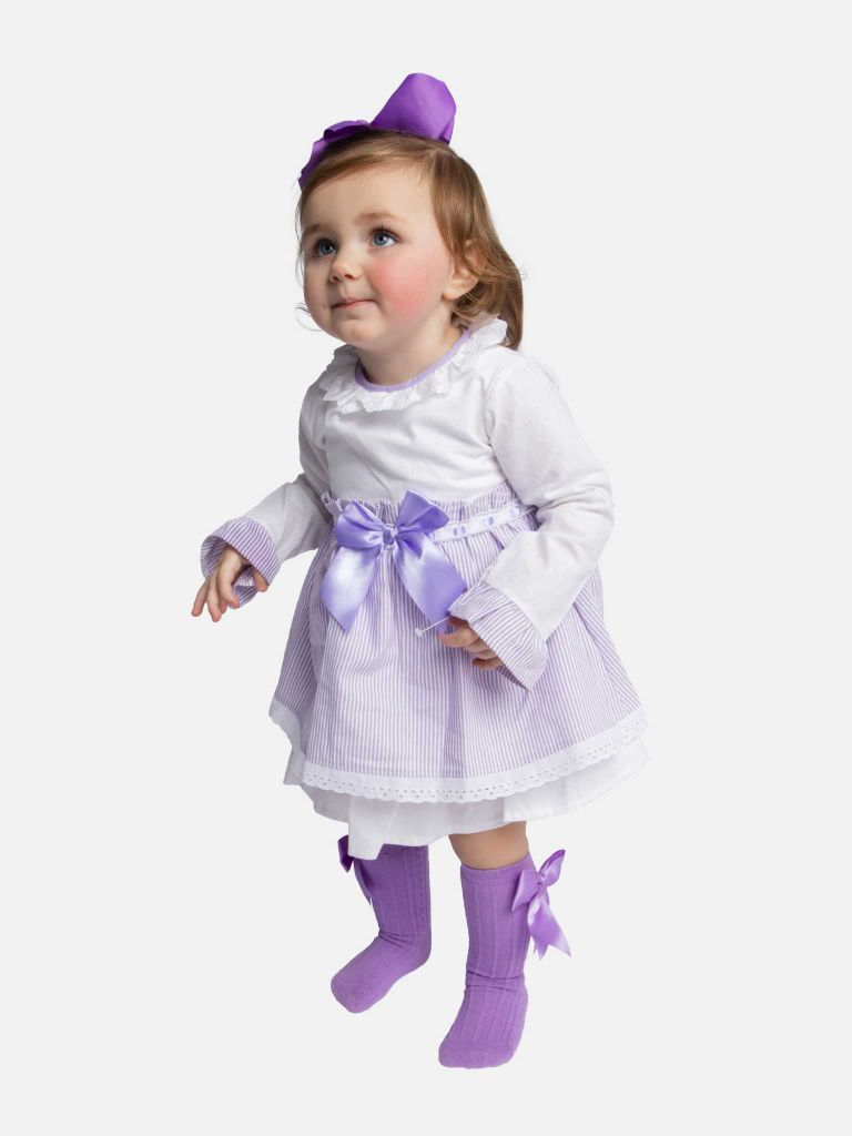 Baby Girl Eva Stripped Dress With Bow and Knickers - Purple