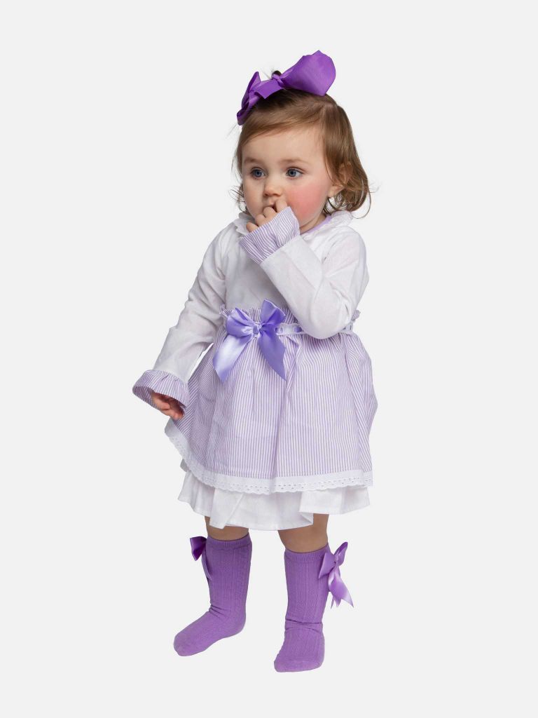 Baby Girl Eva Stripped Dress With Bow and Knickers - Purple