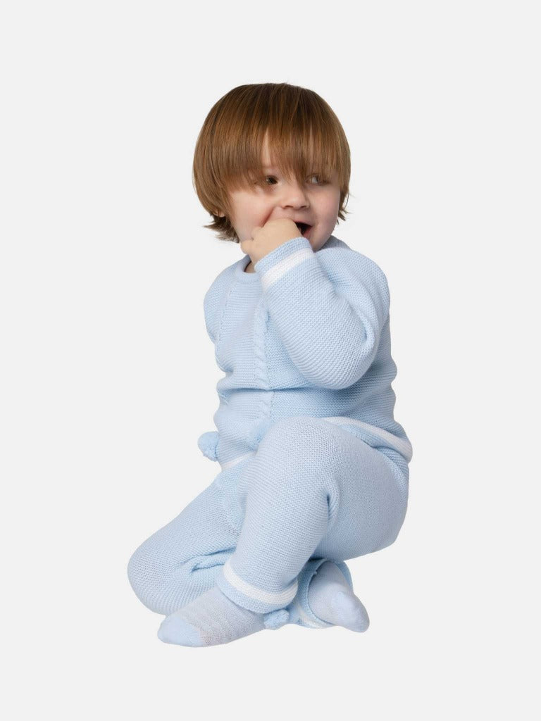 Baby Boy Luis Collection 3-piece Knitted Set with Pom-poms - Baby Blue