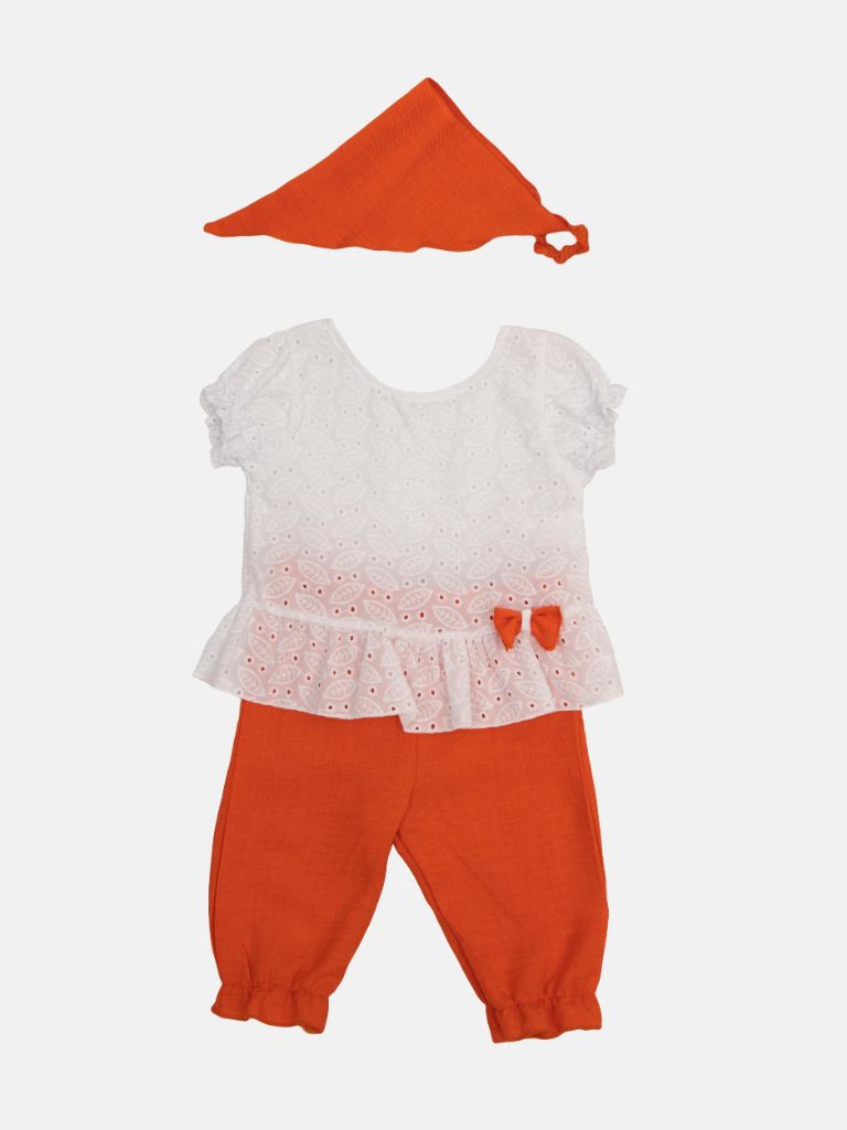Baby Girl Amelie French Collection 3-piece Summer Kids Frilly Top, Pants and Bandana Set with Bow - White and Orange