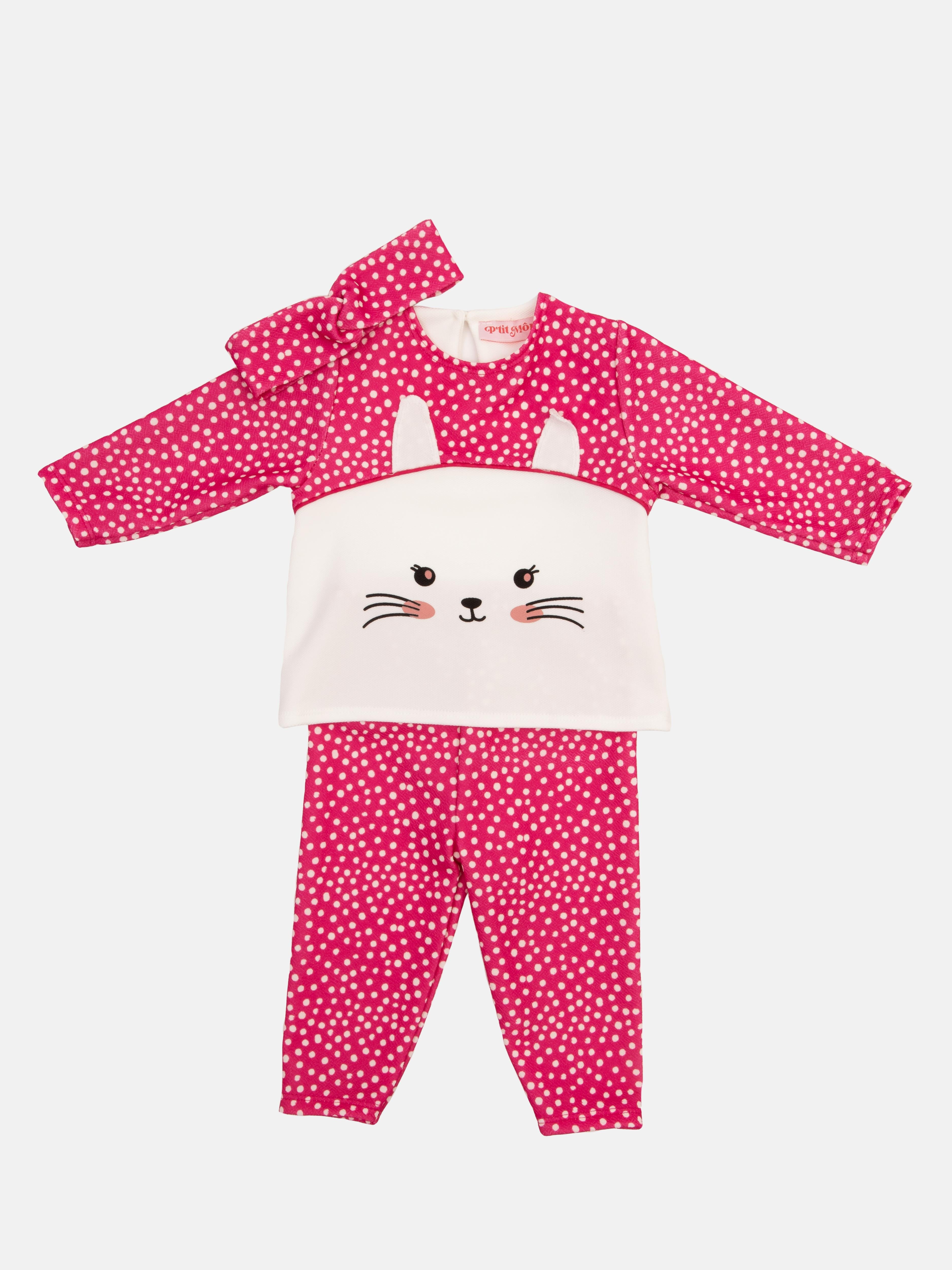 Baby Girl Kitty Cat French Collection 3-piece Polka Dot Top, Pants and Headband Set - Fuchsia Pink