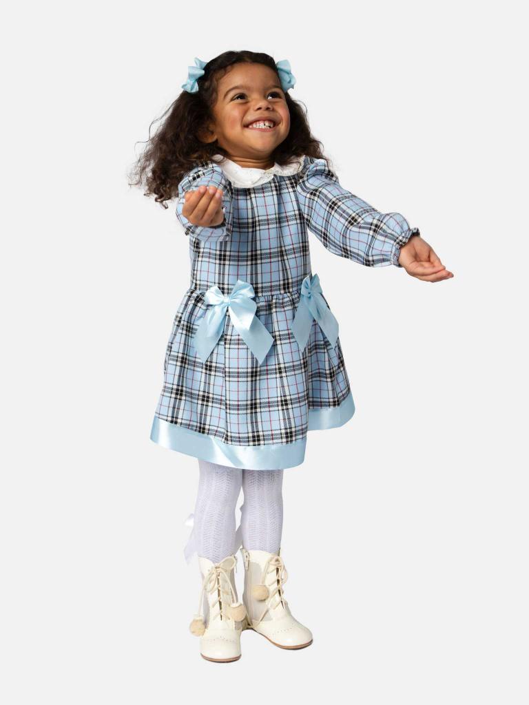 Baby Girl Satin Tartan Dress with Satin Bows and Knickers - Baby Blue