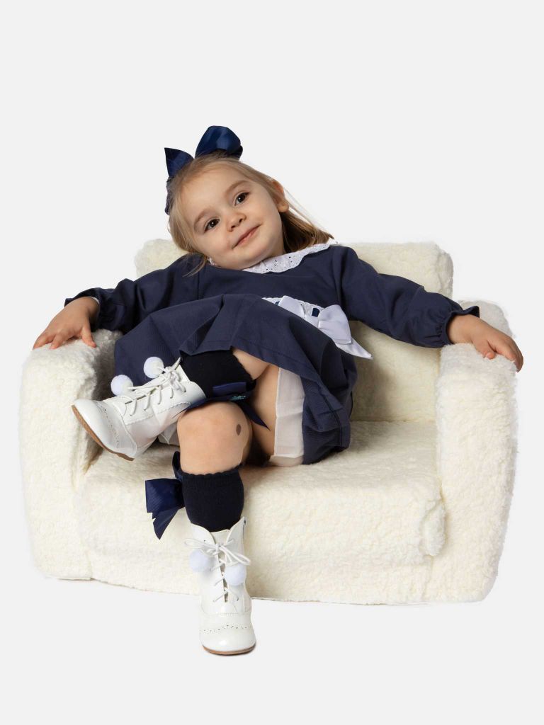 Baby Girl Valentina Dress with Bow and Frills - Navy Blue
