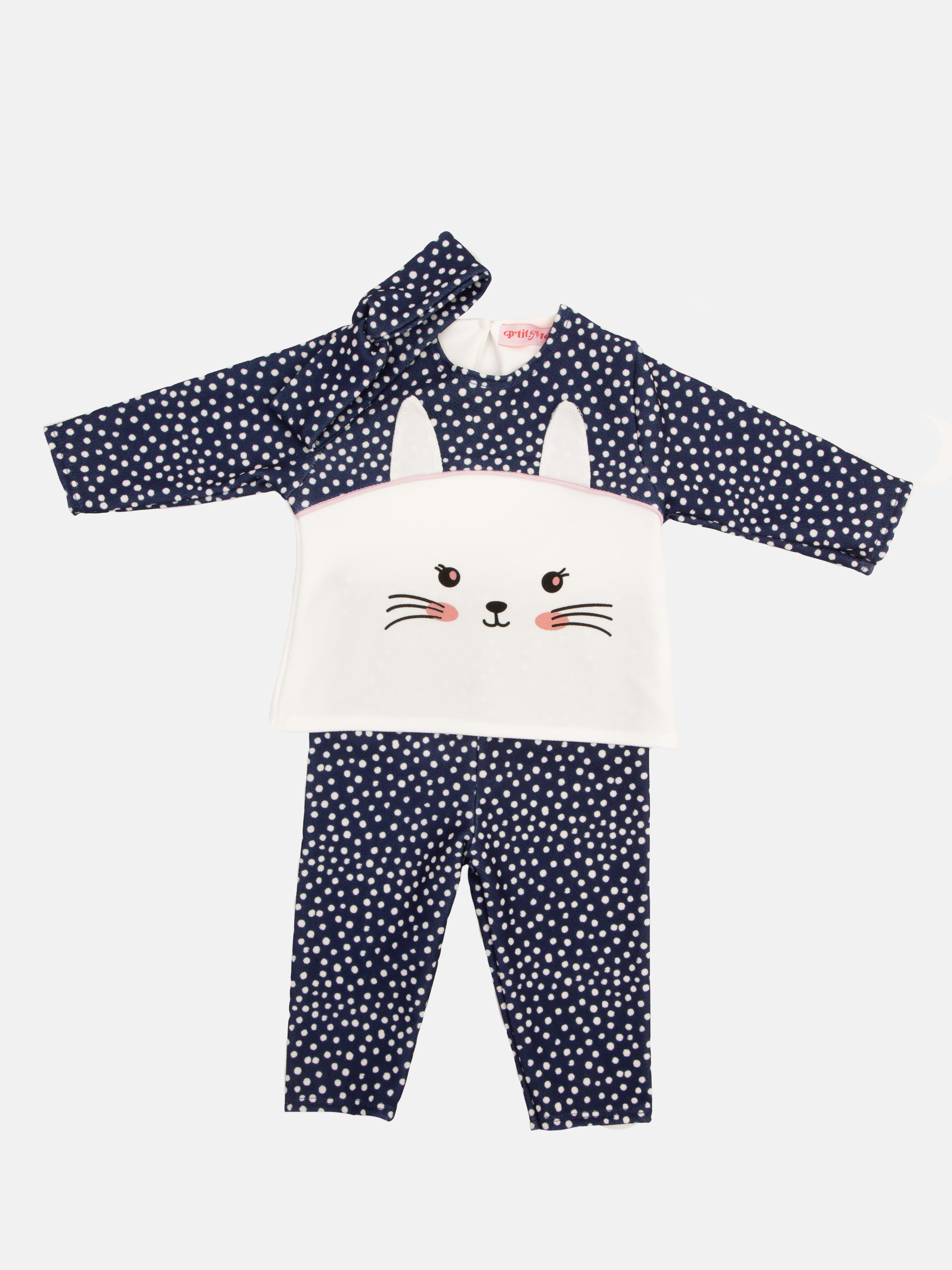 Baby Girl Kitty Cat French Collection 3-piece Polka Dot Top, Pants and Headband Set - Navy Blue
