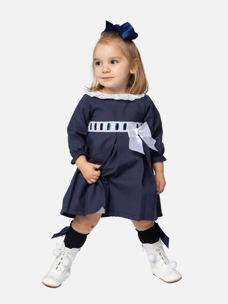 Baby Girl Valentina Dress with Bow and Frills - Navy Blue