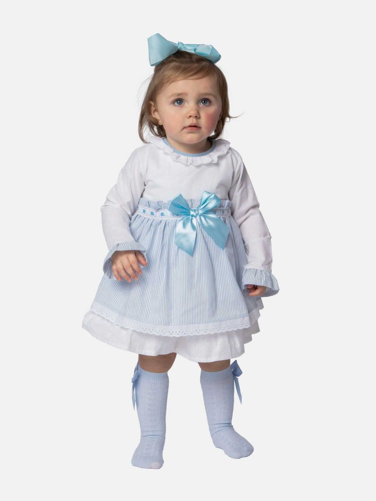 Baby Girl Eva Stripped Dress With Bow and Knickers - Baby Blue