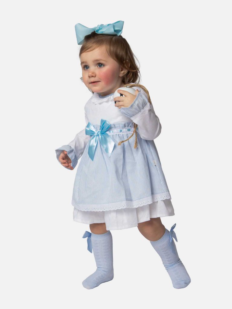 Baby Girl Eva Stripped Dress With Bow and Knickers - Baby Blue
