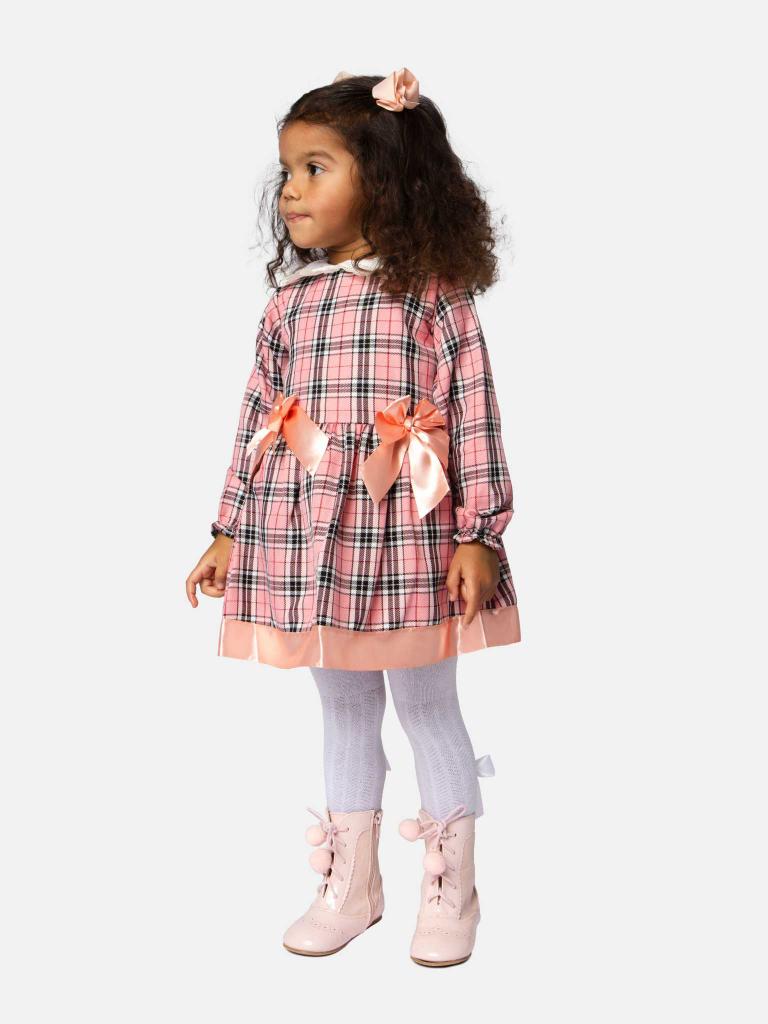 Baby Girl Satin Tartan Dress with Satin Bows and Knickers - Coral