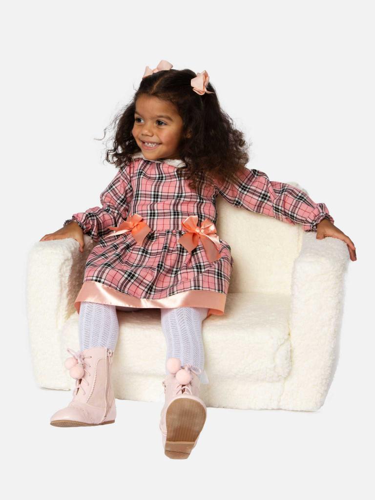 Baby Girl Satin Tartan Dress with Satin Bows and Knickers - Coral