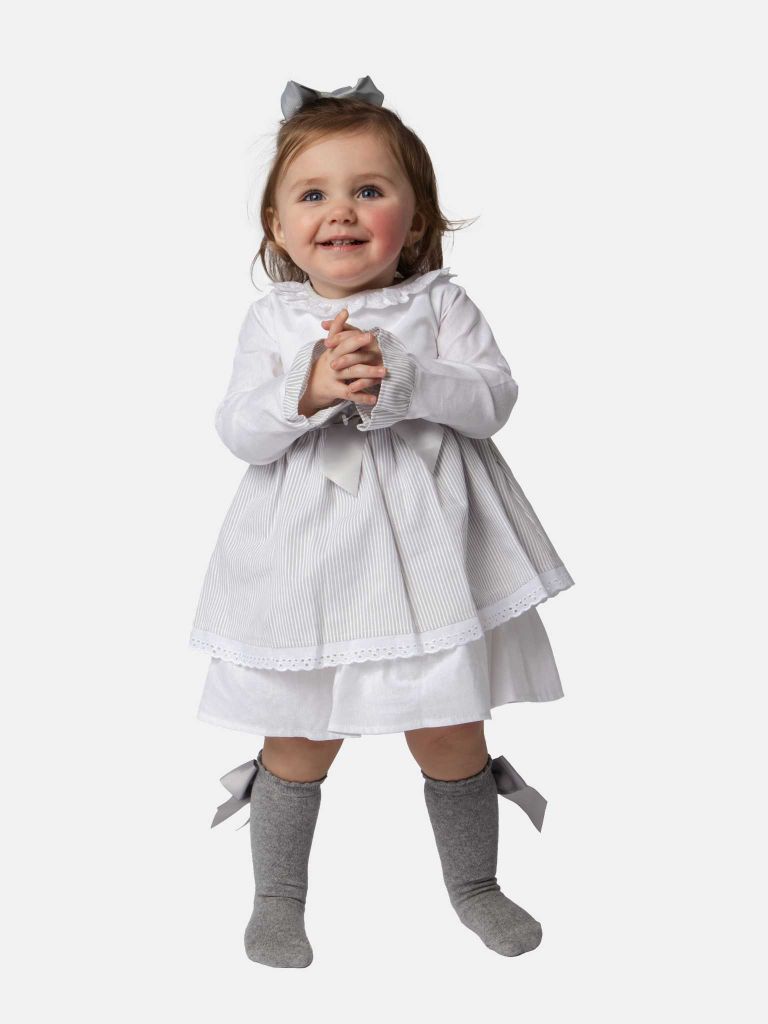 Baby Girl Eva Stripped Dress With Bow and Knickers - Grey/Silver