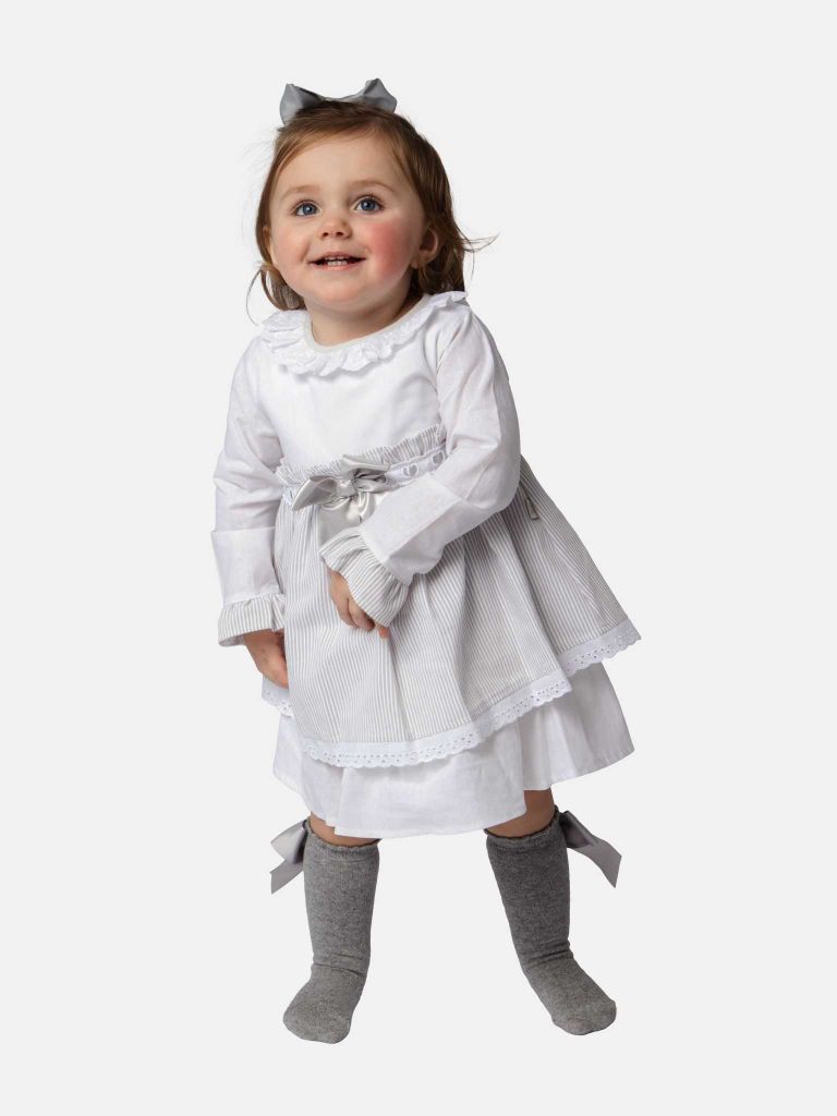 Baby Girl Eva Stripped Dress With Bow and Knickers - Grey/Silver