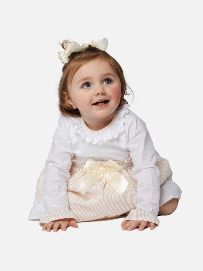Baby Girl Eva Stripped Dress With Bow and Knickers - Beige