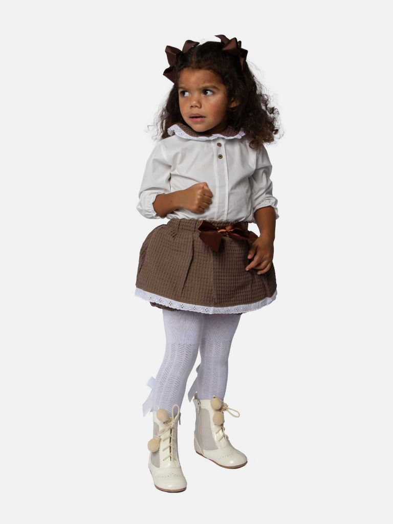 Baby Girl Rosa Waffle Romper with Big Bow and Lace - Brown