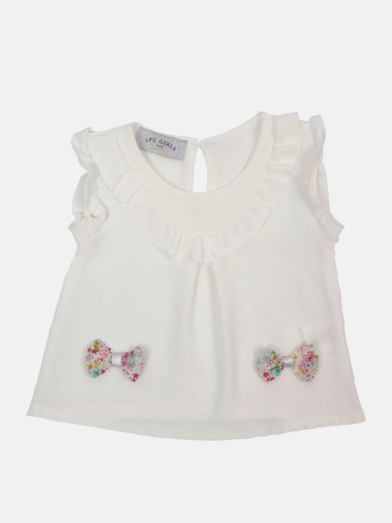 Baby Girl Margo French Collection 3-piece Frilly Top, Floral Printed Pants and Headband Set with Big Bow - White & Multicolour