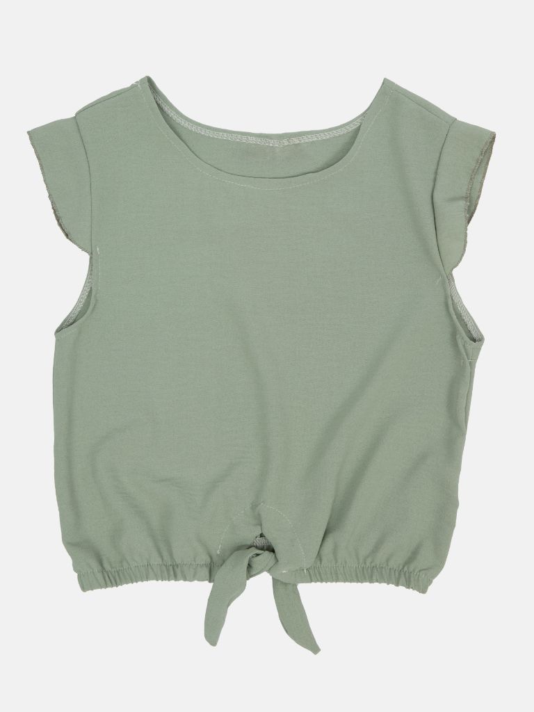 Junior Girl Melanie French Collection Short Sleeves Top with front Tie-Knot - Sage Green