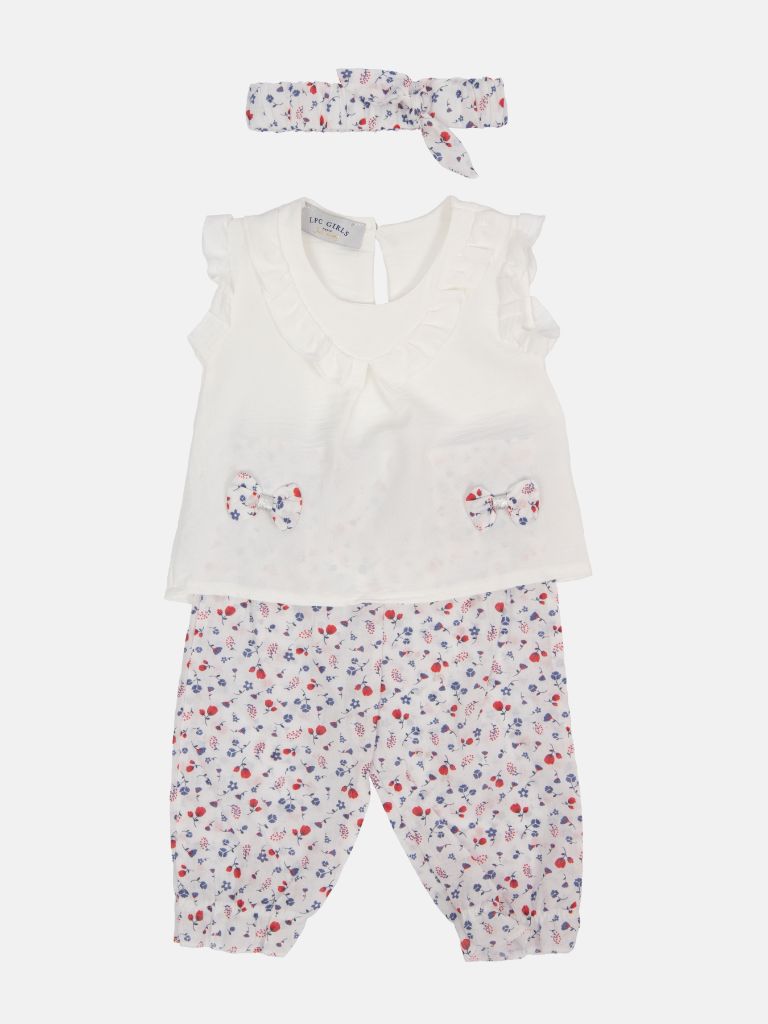 Baby Girl Margo French Collection 3-piece Frilly Top, Floral Printed Pants and Headband Set with Big Bow - White
