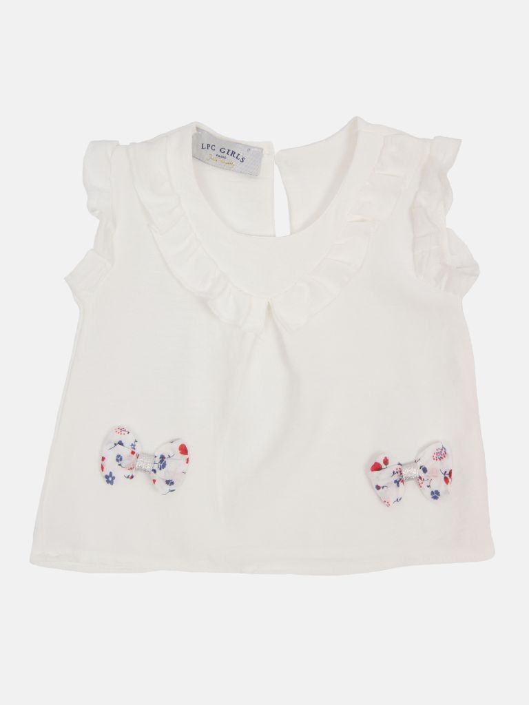 Baby Girl Margo French Collection 3-piece Frilly Top, Floral Printed Pants and Headband Set with Big Bow - White