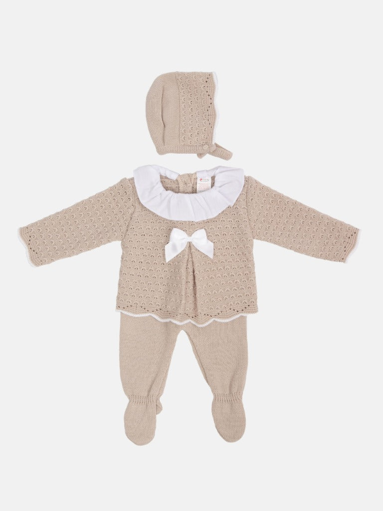 Baby Girl Mia Collection 3-piece Knitted Set with Bow and Bonnet - Beige