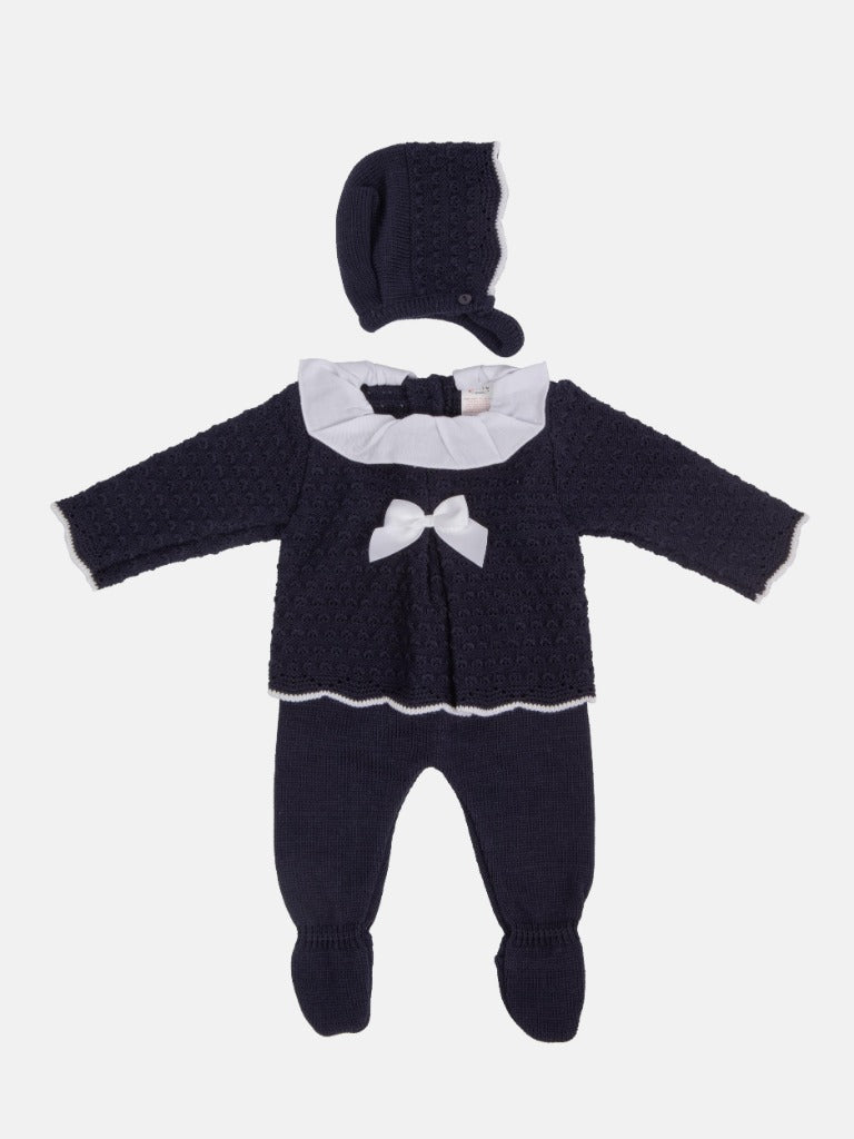Baby Girl Mia Collection 3-piece Knitted Set with Bow and Bonnet - Navy Blue