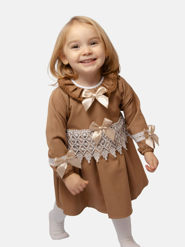 Baby Girl Adella Collection Spanish Dress with Bows - Brown
