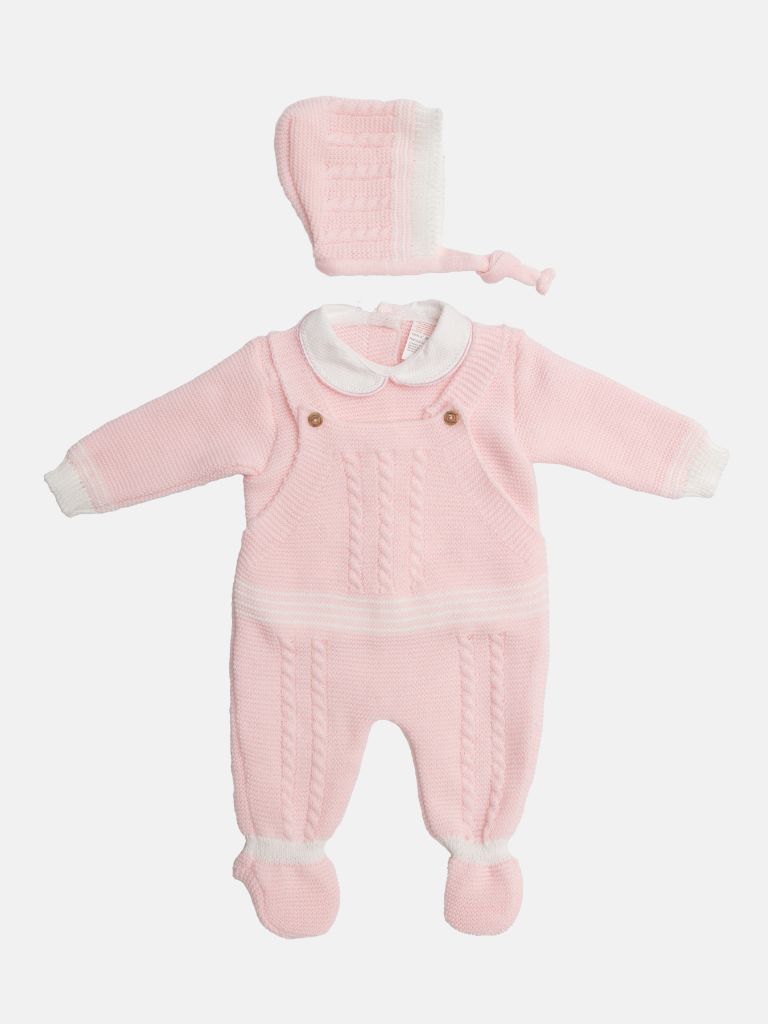 Baby Girl Merida Collection 3-piece Pink Knitted Set with Dungaree & Bonnet