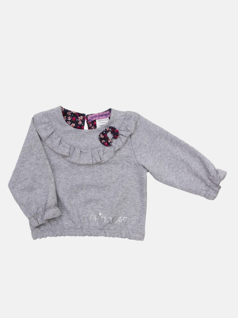Baby Girl Anna French Collection 3-piece Summer Kids Frilly Top, Pants and Headband Set with Bow - Grey
