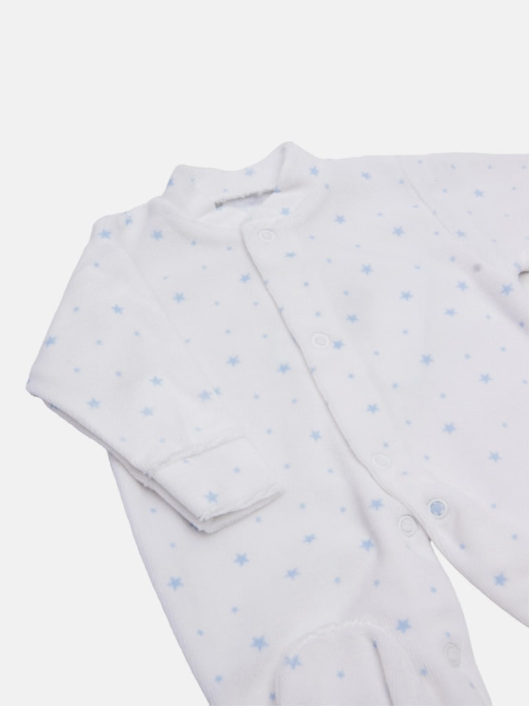 Tiny Baby Unisex Blue Star Sleepsuit - White with Blue stars