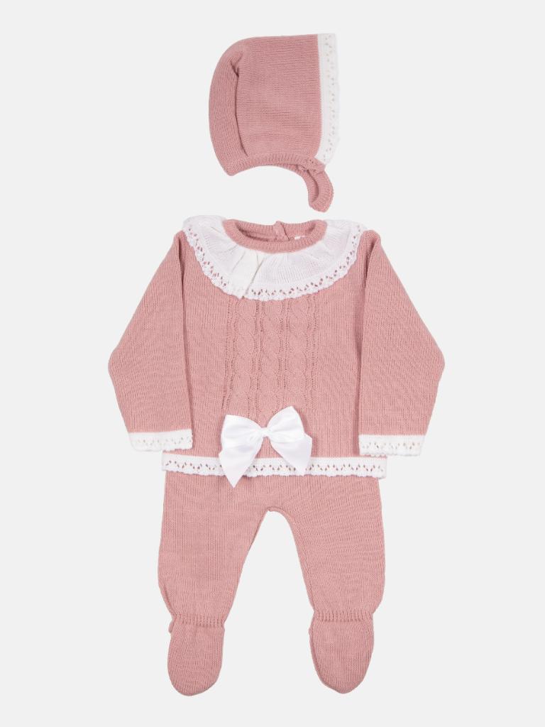 Baby Girl Bella Collection Knitted 3 piece set with bow - Dusty Pink