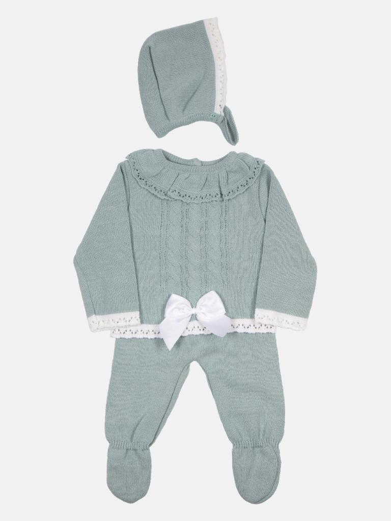 Baby Girl Knitted 3-piece set with bow and Bonnet - Mint Green