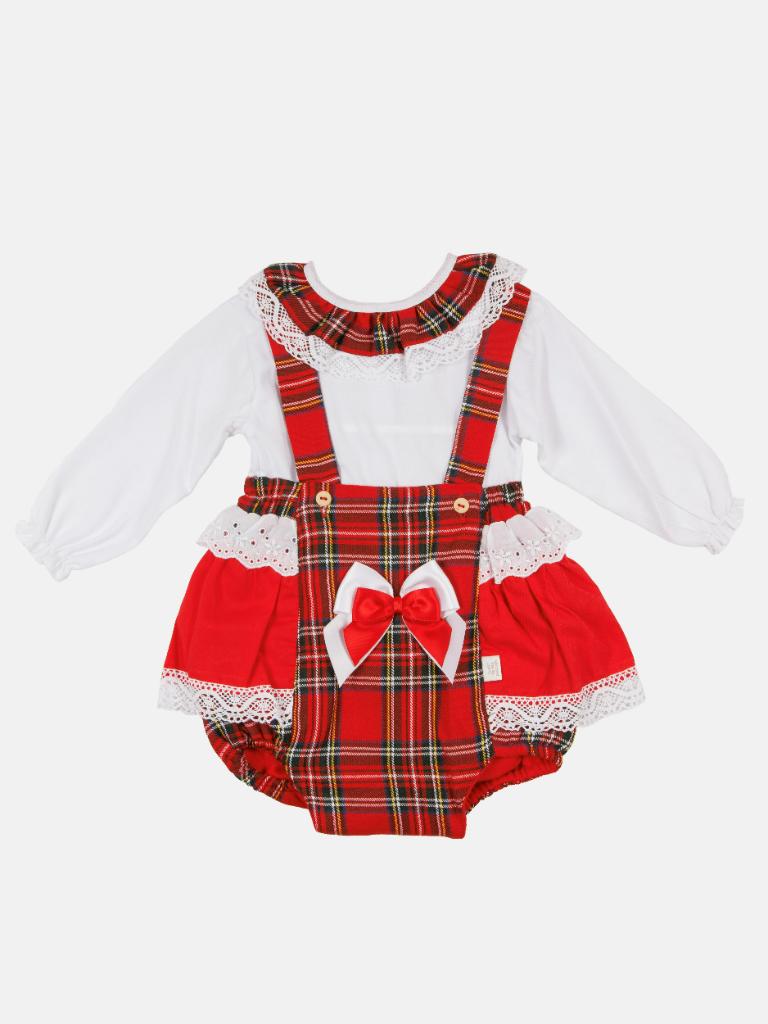 Baby Girl Winter Wonderland Collection Tartan Romper with Frills, Lace and Bows-Tartan and white collar