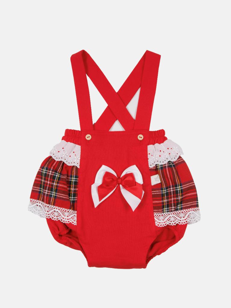 Baby Girl Winter Wonderland Collection Tartan Romper with Frills, Lace and Bows - Red and White collar