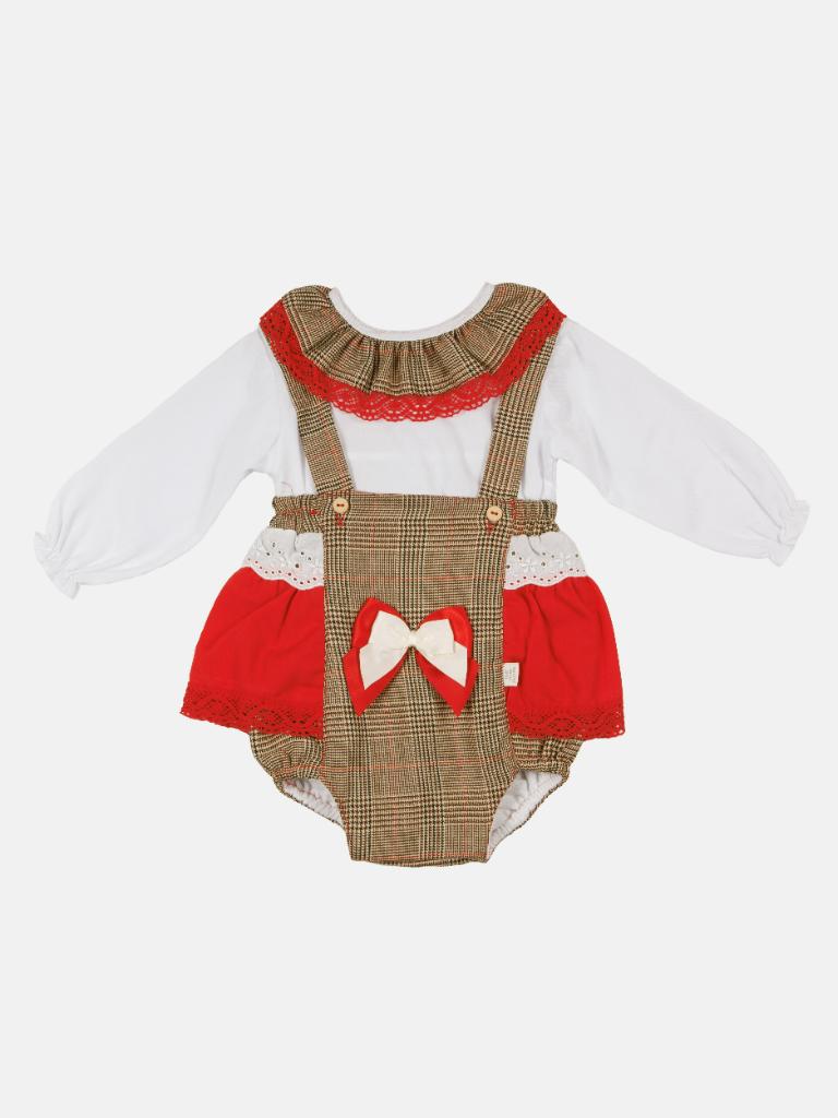 Baby Girl Winter Wonderland Collection Tartan Romper with Frills, Lace and Bows - Beige and Red collar
