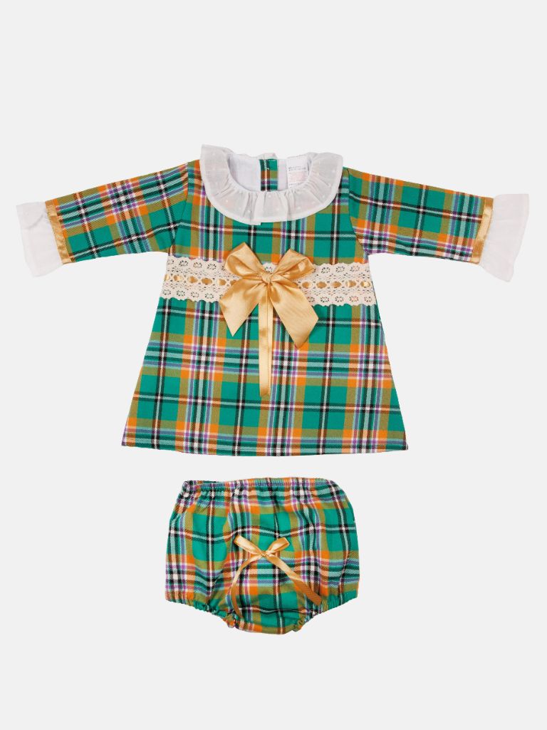 Baby Girl Luxury Tartan Frilly Dress with Bow and Knickers - Green with Beige Bow