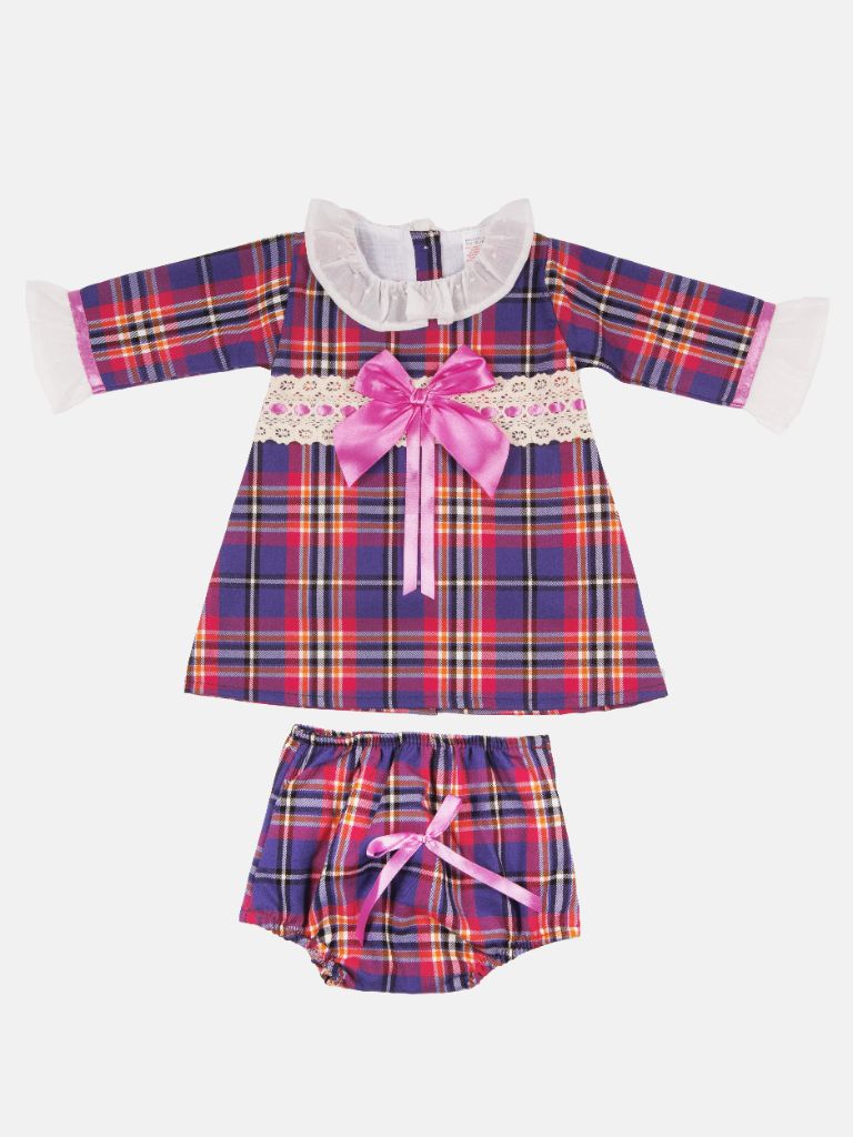 Baby Girl Luxury Tartan Frilly Dress with Bow and Knickers - Purple with Lilac Bow