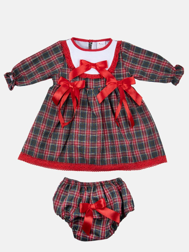 Baby Girl Little Reindeer Collection Tartan Dress with 3 satin bows - Red and Green