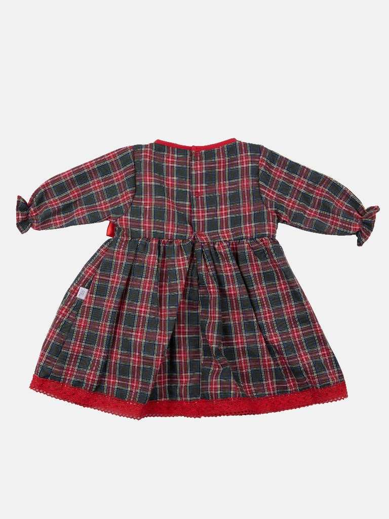 Baby Girl Little Reindeer Collection Tartan Dress with 3 satin bows - Red and Green
