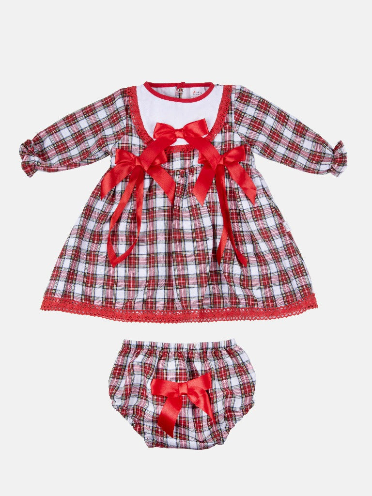 Baby Girl Little Reindeer Collection Tartan Dress with 3 satin bows - Red and White