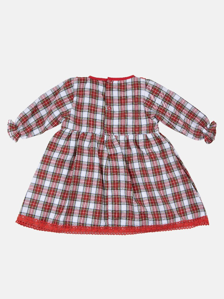 Baby Girl Little Reindeer Collection Tartan Dress with 3 satin bows - Red and White