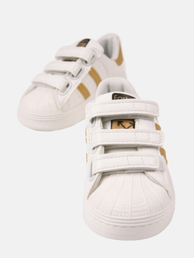Unisex Triple Strap Trainers with Stripes - White and Gold
