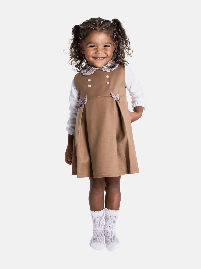 Baby Girl Luna Collection Chic Fashionista Dress with Tartan Bows and Collar - Beige