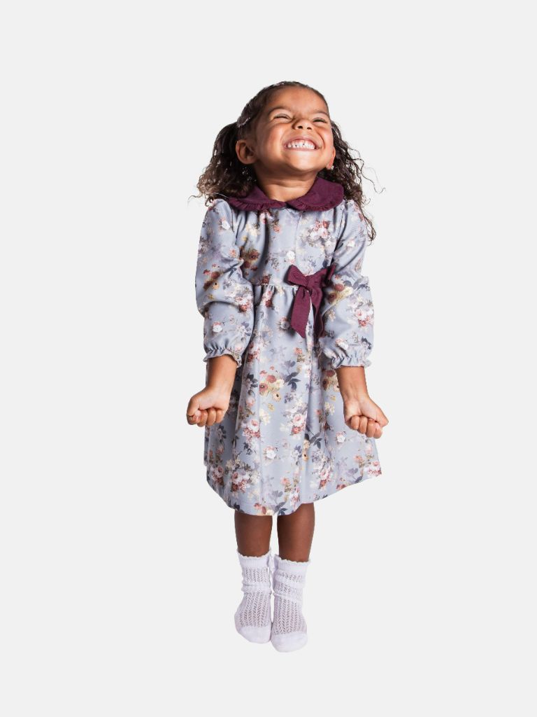 Baby Girl Millie Floral Dress With Bow Long Sleeves Grey