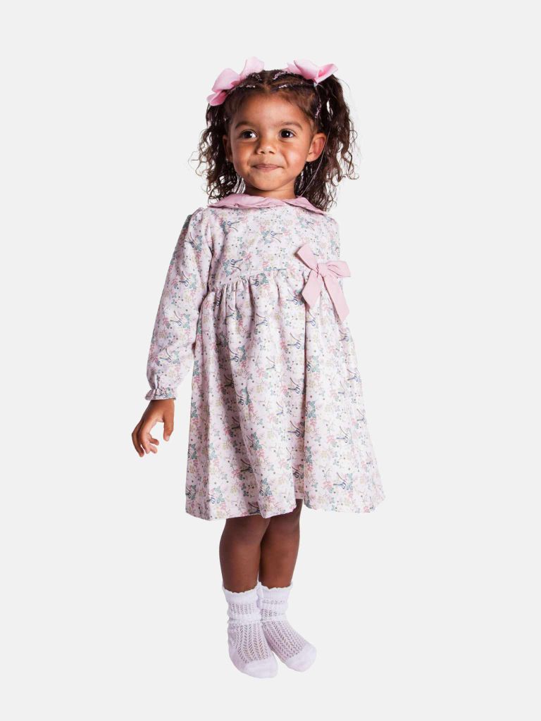 Baby Girl Millie Floral Dress With Bow Long Sleeves - Baby Pink