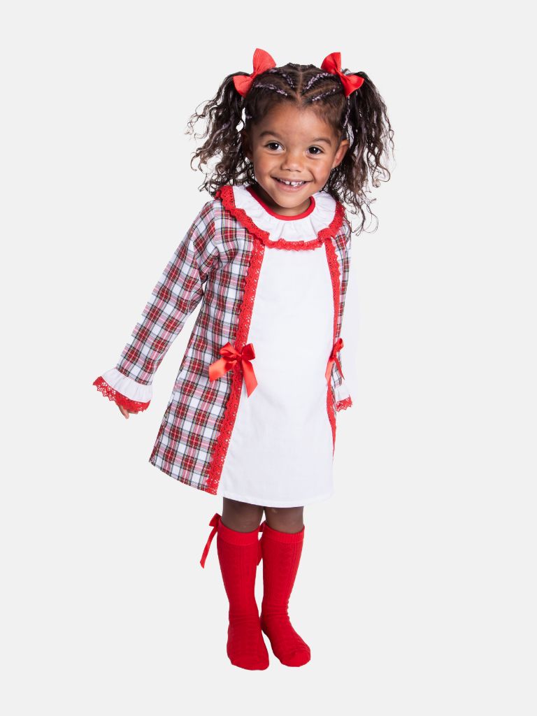Baby Girl Candy Cane Cuties Collection Tartan Dress with Satin Bows and Bonnet - Red & White