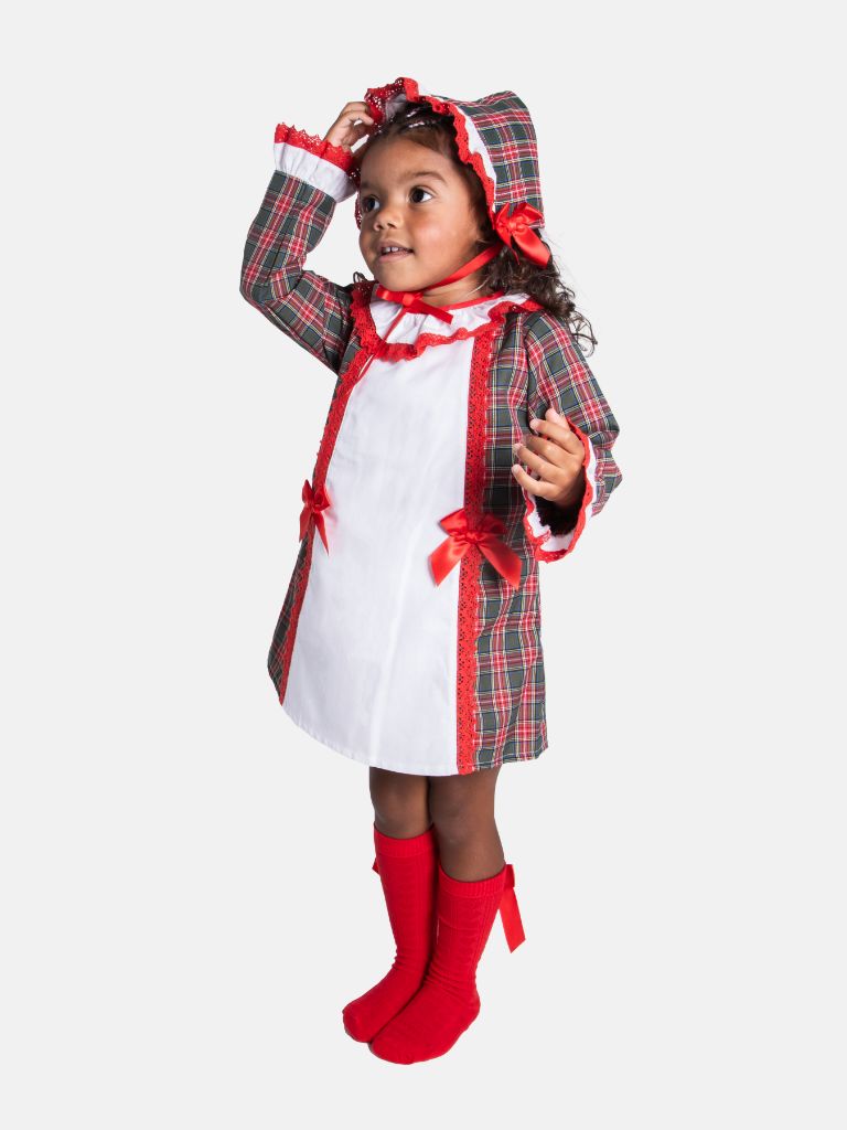 Baby Girl Candy Cane Cuties Collection Tartan Dress with Satin Bows and Bonnet - Red and Green