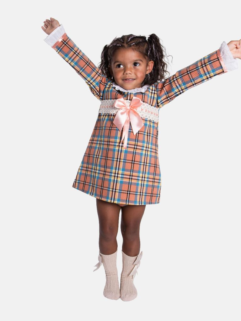 Baby Girl Luxury Tartan Frilly Dress with Bow and Knickers - Orange with Peach Bow