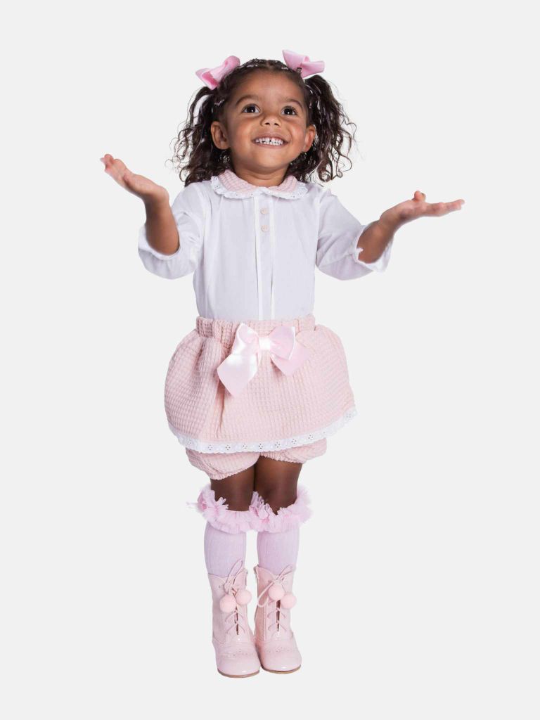 Baby Girl Rosa Waffle Romper with Big Bow and Lace - Baby Pink