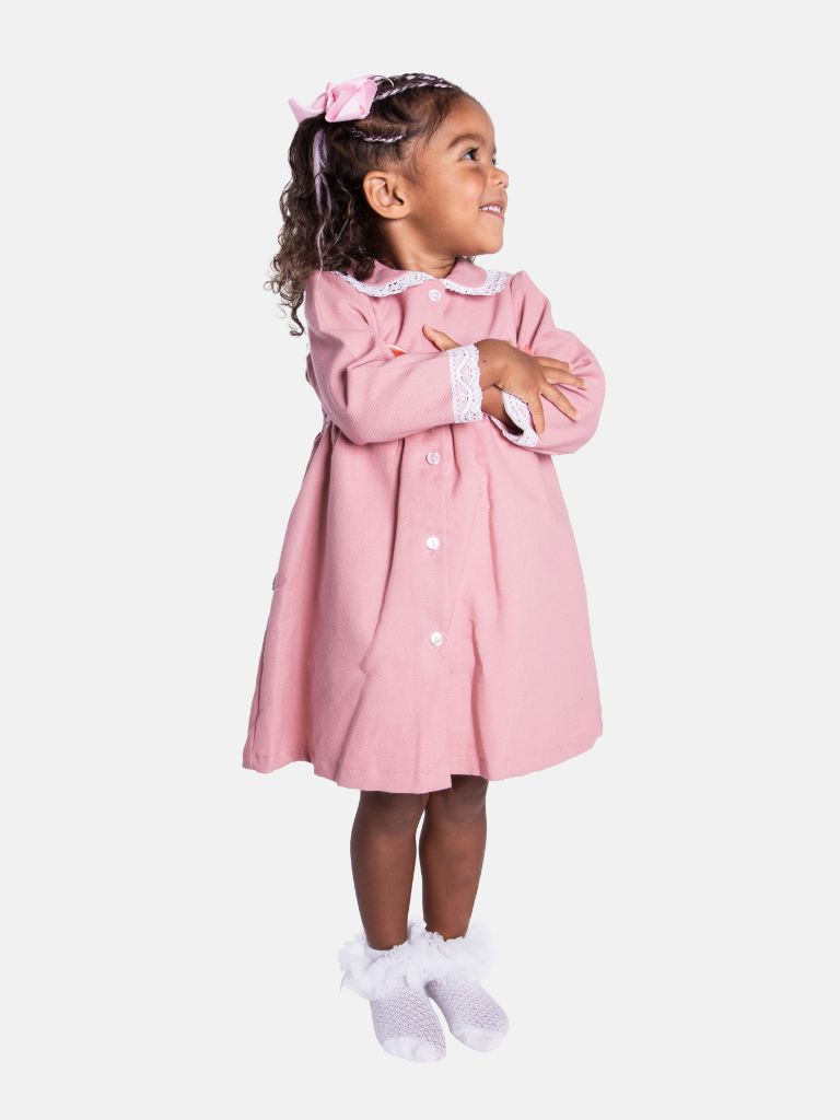 Baby Girl Cardigan Dress and Bonnet with 2 Bows and Lace Trim - Dusty Pink