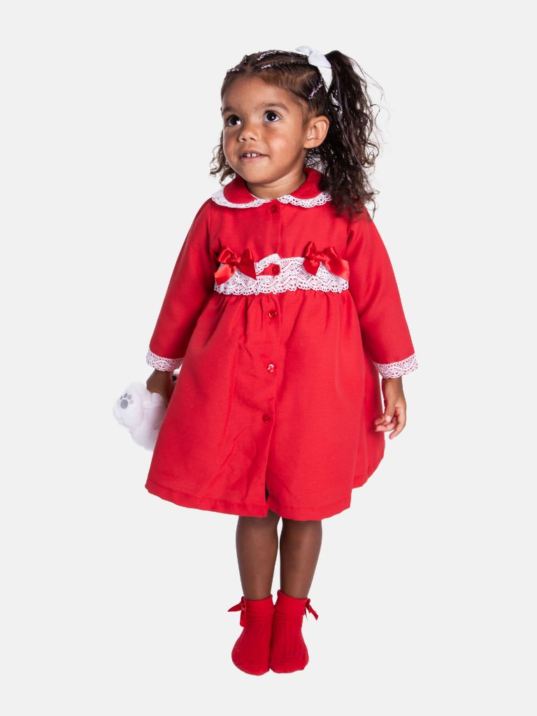 Baby Girl Cardigan Dress and Bonnet with 2 Bows and Lace Trim - Red